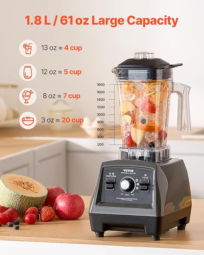 VEVOR Blender for Smoothies, 61 oz 1400W, Professional Blender with Powerful Motor, Multi-Functional Food Processing for Smoothie/Milkshake/Juice, Fits for Kitchen