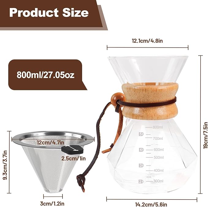 Pour Over Coffee Pot Set 800ml 27.1oz Features 304 Stainless Steel Filter Glass Coffee Pot with High Borosilicate Glass Duckbill Spout Design Solid Wood Handle Pour Over Coffee Daily Brewing
