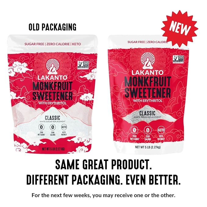 Lakanto Monk Fruit Sweetener With Erythritol, White Sugar Substitute From Monk Fruit Extract, Classic White Sugar Replacement for Baking, Coffee & Tea, Gluten Free, Low Carb, Non GMO, Keto, 5 LB Bag