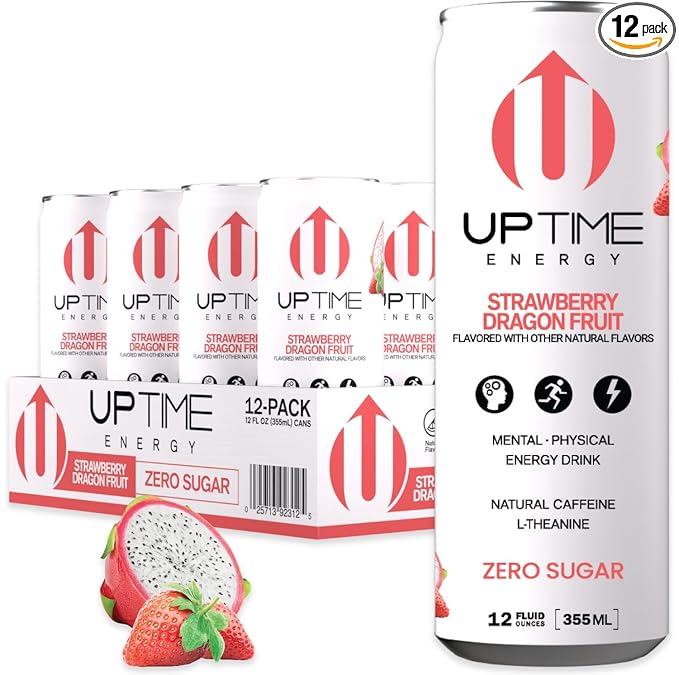UPTIME Energy Drink, Strawberry Dragon Fruit Sparkling, 12 Pack, L Theanine, Calcium, Zero Sugar Energy Drinks for Focus Support, 142mg Natural Caffeine, 0 Calories, Natural, 12 fl oz Cans