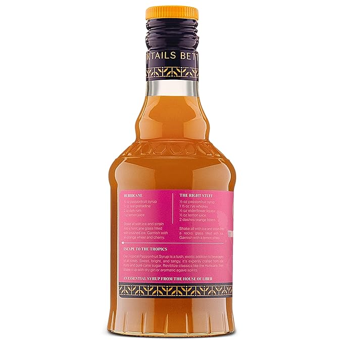Liber & Co. Tropical Passion Fruit Syrup - Makes 25 Drinks - 50% Passionfruit Juice - Perfect for Craft Cocktails, Hurricanes, Margaritas, Tiki Drinks & Sodas (12.7 oz)