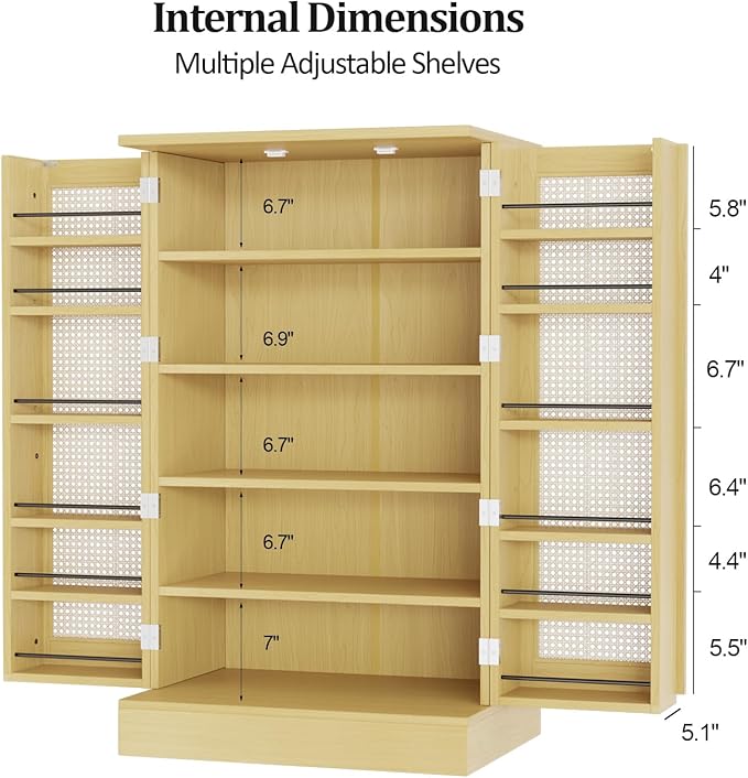 VINGLI Pantry Cabinet, Rattan Kitchen Storage Cabinet with 2 Doors and Adjustable Shelves, 40.5" H Food Storage Freestanding Cupboard for Small Space in Dining Room, Living Room