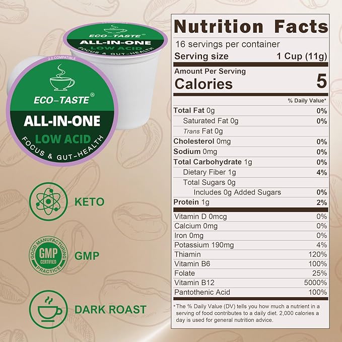 Mushroom Coffee K Cup Low Acid - Single Origin – Focus & Gut-Health with 14-Mushrooms, Vitamins, L-Theanine and Alpha GPC, Single Serve Pods - No Crash or Jitters, 16 Count