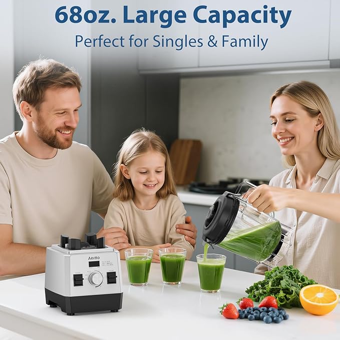 Aeitto Blenders for Kitchen with 68Oz. Large Capacity, 1800W Max Power Smoothie Blender, 3 Preset Programs & 7 Speeds, Professional Countertop Blender for Smoothies, Ice Crush, Generation2 Silver