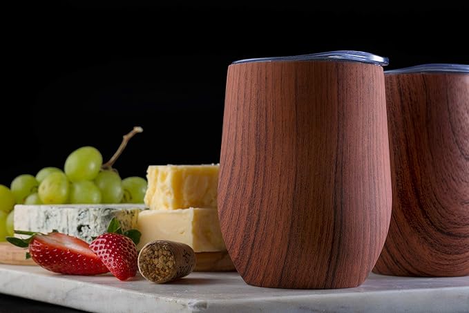 CHILLOUT LIFE 12 oz Stainless Steel Wine Tumbler with Lid - Double Wall Vacuum Insulated Wine Cup Glass Keeping Cold & Hot for Coffee, Champagne, Cocktails, Ice Cream - Wood