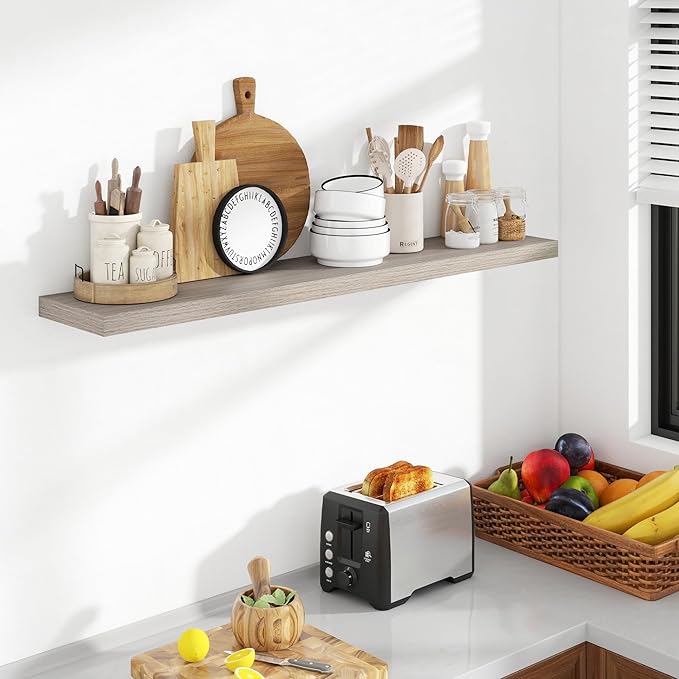 48 Inch Floating Shelves, 8 Inch Deep Floating Shelves for Wall, Hanging Shelf with Invisible Brackets, Deep Shelves for Bathroom, Bedroom, Living Room, Grey, Set of 1