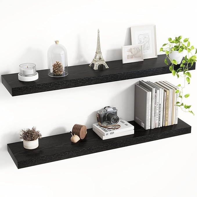 36 Inch Floating Shelves, 8 Inch Deep Floating Shelves for Wall, Hanging Shelf with Invisible Brackets, Deep Shelves for Bathroom, Bedroom, Living Room, Black, Set of 2