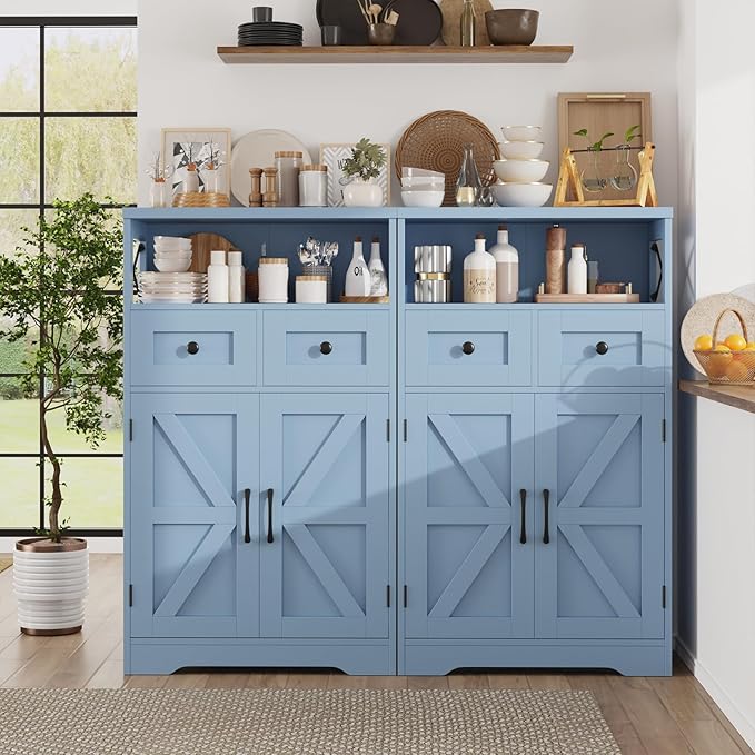 Farmhouse Light Blue Storage Cabinet with Barn Doors and Drawers, Freestanding Kitchen Pantry Cabinet, Hutch Cupboard for Kitchen, Laundry Room, Living Room