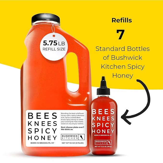 Bees Knees Spicy Hot Honey Bulk Bottle, Raw Honey for Tea, Sweet with a Kick, Infused with Habanero Peppers & Made in the USA, Pure & All Natural, Unfiltered & Gluten Free, 92oz