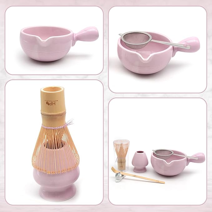 HAPPY PATH & CO Matcha Whisk Set | 6 Pcs Matcha Tea Set Includes Bamboo Whisk(Chasen) with Holder & Bowl with Spout, Sifter, Scoop & Stand - Perfect Matcha Kit Set for Matcha Lovers (Lilac Pup)