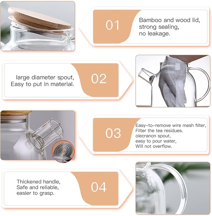60.8oz Glass Teapot, Stovetop & Microwave Safe Glass Borosilicate Tea Pot,Clear Teapot with Strainer, Glass Tea Kettle with Wooden Lid, Loose Leaf、Fruit Tea and Fragrant Tea