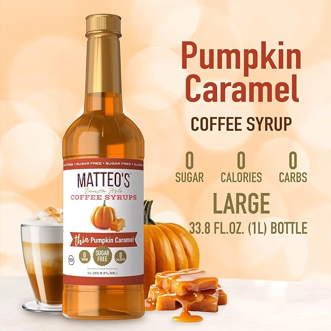 Matteo's Pumpkin Caramel Syrup for Coffee, Lattes, Cappuccinos & Desserts – Sugar-Free Sweetener for Beverages, Keto Friendly, Zero Calories, Indulgent Flavor, Non-Alcoholic, 33.8oz (6pk)