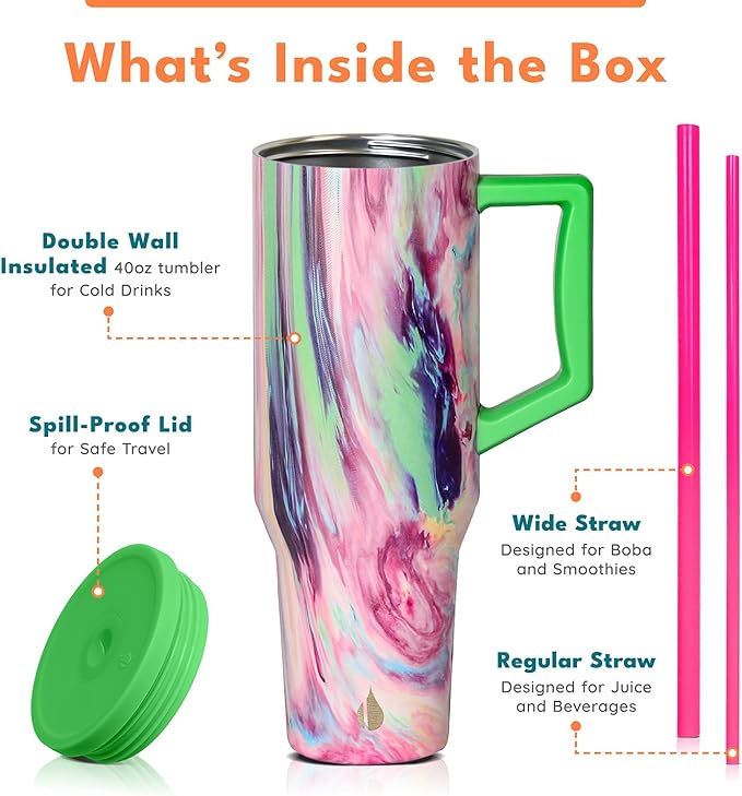 Elemental 40 oz Tumbler with Handle and Straw - Spill Proof Insulated Stainless Steel Commuter for Hot and Cold Beverages - Travel Coffee Mug with 2 Straws & Spill Proof Lid - 40oz - Aurora Dream