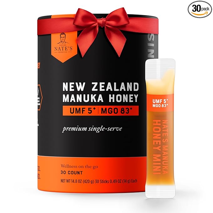 Nate's Manuka Honey Minis - 30 count Single-serve, Pure Manuka Honey - MGO 83+ | UMF 5+ Certified - 30 Single-Serve Packets for On-the-Go Daily Wellness