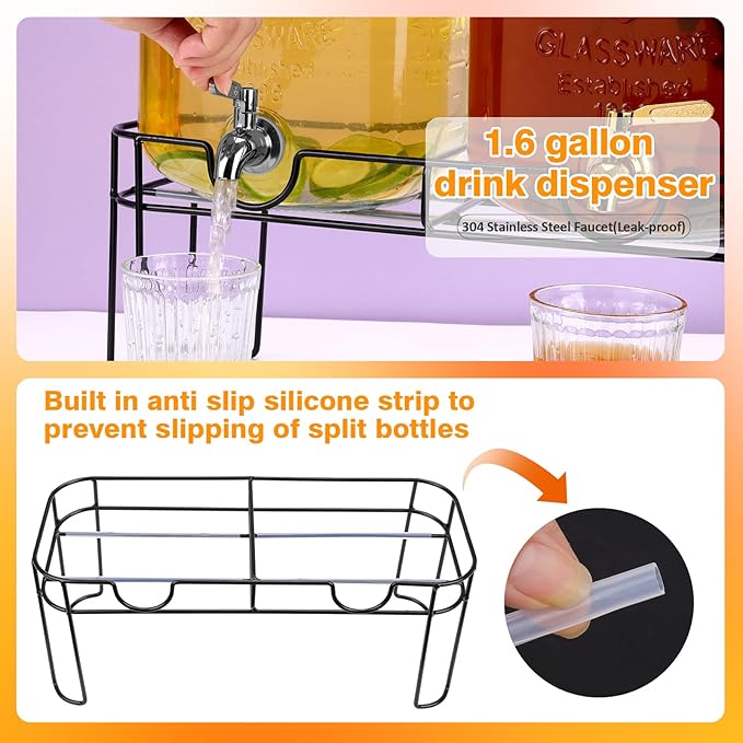 1.6 Gallon Glass Drink dispenser, 2 PCS Beverage Dispenser With Stand, Lemonade Dispenser with Stainless Steel Spigot,Drink Dispensers for Parties,Weddings, Picnic