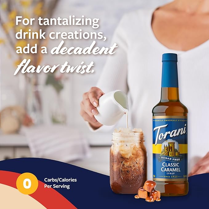 Torani Sugar Free Coffee Syrup, Classic Caramel Flavoring for Drinks, Zero Calorie, Pump Included, 25.4 Fl Oz