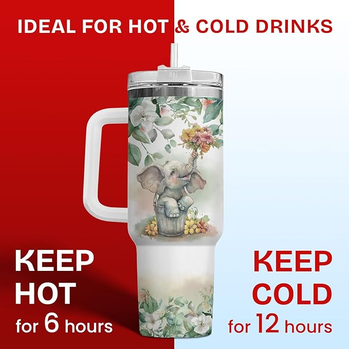 34HD Gifts for Women, Stainless Steel Tumbler with Lid, Coffee Travel Mug, Double-Wall Vacuum Insulated Tumbler, Leak Proof Drinking Cup, 40 Oz, Baby Elephant