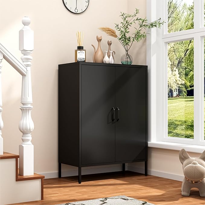 Metal Locker Cabinet, Black Storage Cabinets with 2 Doors and Adjustable Shelves, 3 Tier Modern Storage Freestanding Sideboard for Living Room,School,Office Home Kitchen and Coffee Bar