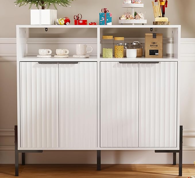 White Buffet Cabinet with Storage, Fluted Storage Cabinet with Doors & Adjustable Shelves, Solid Wood TV Stand Credenza for Kitchen Dining Room, 41"L x 14"D x 37"H Easy Assembly Kitchen Sideboard