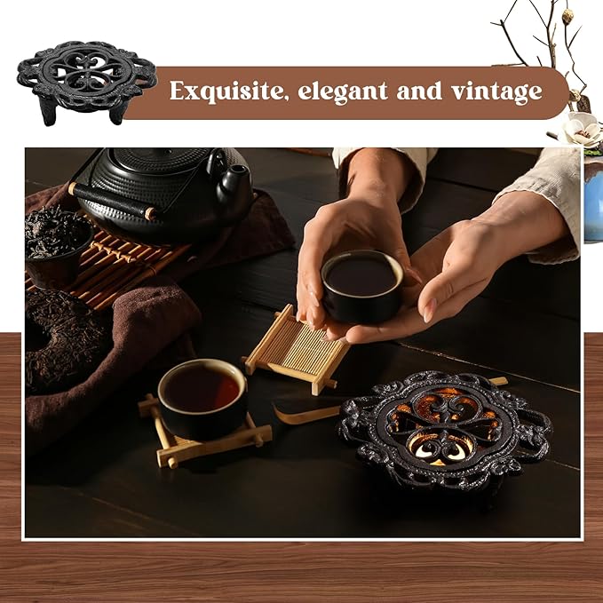 Menkxi Cast Iron Teapot Warmer Dish Cups Heater Pot Trivet with 30 Pieces Candles Heavy Duty Decorative Candle Holder Stands for Teapot Heat Food Coffee or Tea