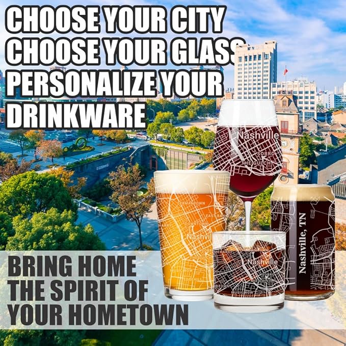 Blue Ridge Mountain Gifts - Nashville Souvenir - Tennessee Glassware Gift, Etched City Map, Laser Engraved and Dishwasher Safe