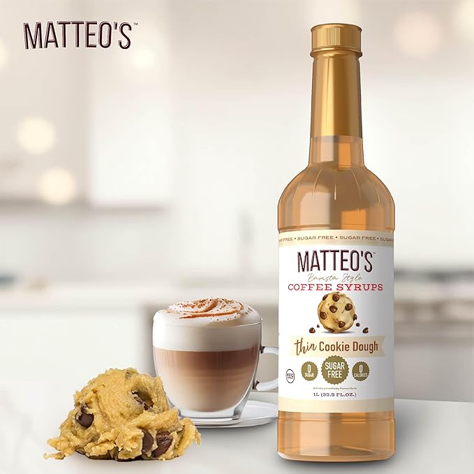 Matteo's Cookie Dough Syrup for Coffee, Lattes, Cappuccinos & Desserts – Sugar-Free Sweetener for Beverages, Keto Friendly, Zero Calories, Indulgent Flavor, Non-Alcoholic, 33.8oz (6pk)