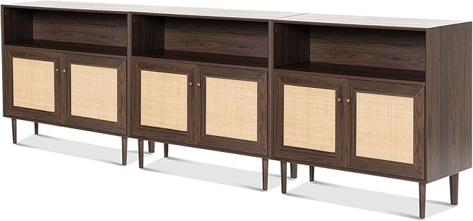 Rattan Sideboard Cabinet Set of 3, Boho Buffet Storage Cabinet Farmhouse Credenza Cabinets with Doors and Adjustable Shelves for Living Room, Dining Room, Entryway, Kitchen(Natural Oak)
