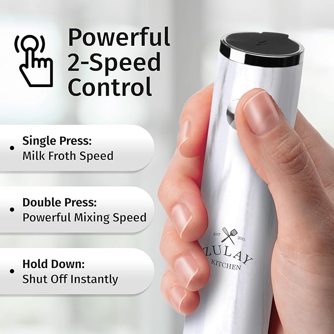 Zulay Kitchen Lux Electric Milk Frother Rechargeable Handheld - Powerful 2-Speed Motor, Waterproof, 2000mAh Battery - Drink Mixer for Latte, Cappuccino, Matcha & Protein Powder - White Marble