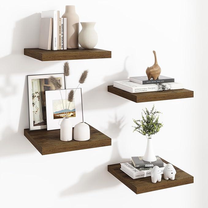 Fun Memories Square Floating Shelves for Wall - 12 Inch Deep Floating Shelves with Invisible Brackets, Brown Small Wall Shelf for Living Room, Bathroom, Bedroom, and Kitchen Decor，Set of 4