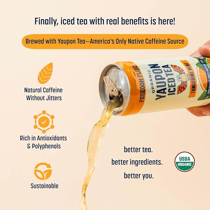 Freedom Fluid Organic Yaupon Iced Tea – Tangerine Mint | Herbal Tea Drink | Lightly Sweetened, Low Sugar, Low Calories, Real Brewed Tea, Clean Ingredients, Antioxidant Rich, Natural Caffeine, 12 Pack (12 oz cans)