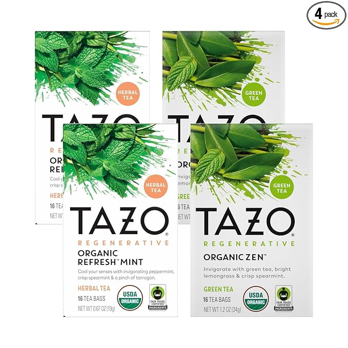 TAZO Tea Bags, Regenerative Organic: Refresh Mint Herbal Tea, & Zen Green Tea 16 CT (2ea) (Variety Pack)