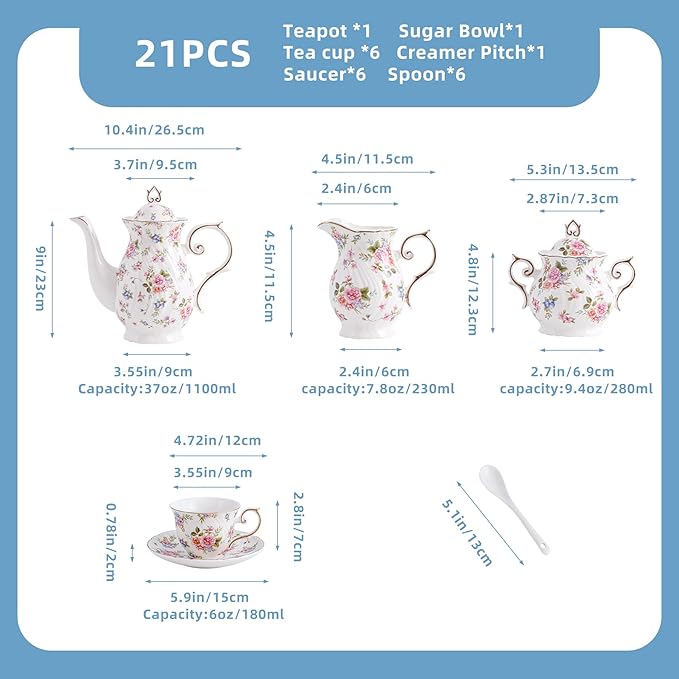 Tea Set 21-Piece Ceramic tea cups and saucers set of 6 with Sugar and Creamer Set,Teapot,teapot set for Adults, Women Tea Party (small crushed flower)