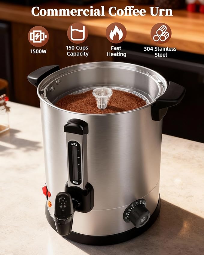 Commercial Coffee Urn, 100 Cup Coffee Maker and Hot Water Urn, 1500W Fast-Brewing Percolator for Business, Parties, Catering, and Large Gatherings (100 Cups)