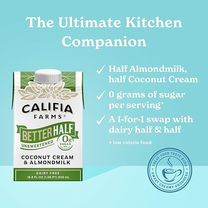 Califia Farms - Unsweetened Better Half, Half And Half Substitute, 16.9 Oz (Pack of 6), Almond Milk, Coconut Cream, Coffee Creamer, Keto, Shelf Stable, Dairy Free, Plant Based, Vegan