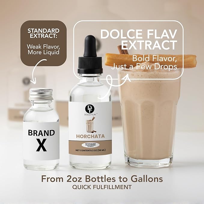 Dolce Flav Natural Horchata Extract, Water Soluble – 2 oz | Authentic Cinnamon Rice Flavoring for Baking, Desserts, Beverages & Syrups – Sugar Free, Kosher, Allergen Free