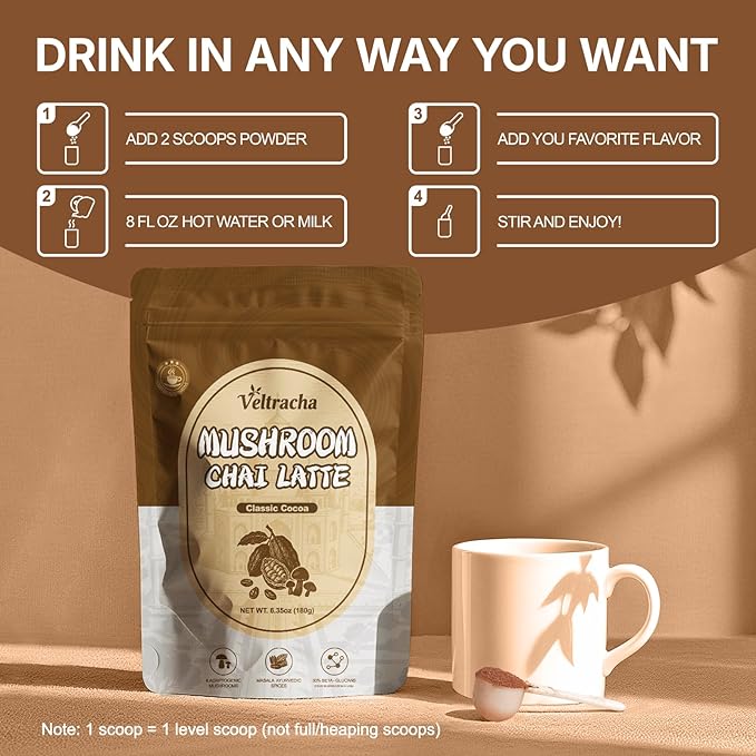Veltracha Mushroom Chai Tea, Instant Decaf Chai Tea Powder with 6 Adaptogenic Mushrooms, Spiced Chai Latte for Energy & Focus Support, 6.35 oz 20 Servings (Classic Cocoa)