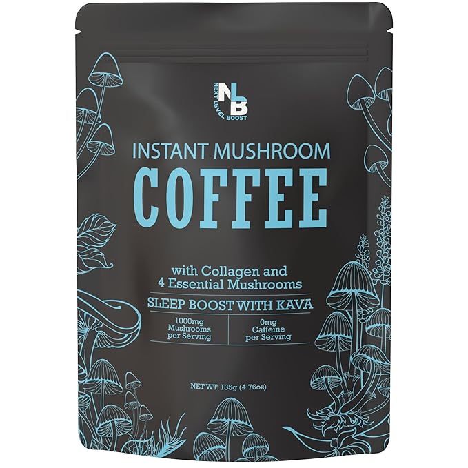 Sleep Boost with Kava Organic Mushroom Instant Coffee - 135g, 15 Servings Pouch - Healthy Coffee alternative and Substitute - With Collagen, Lions Mane and Antioxidants