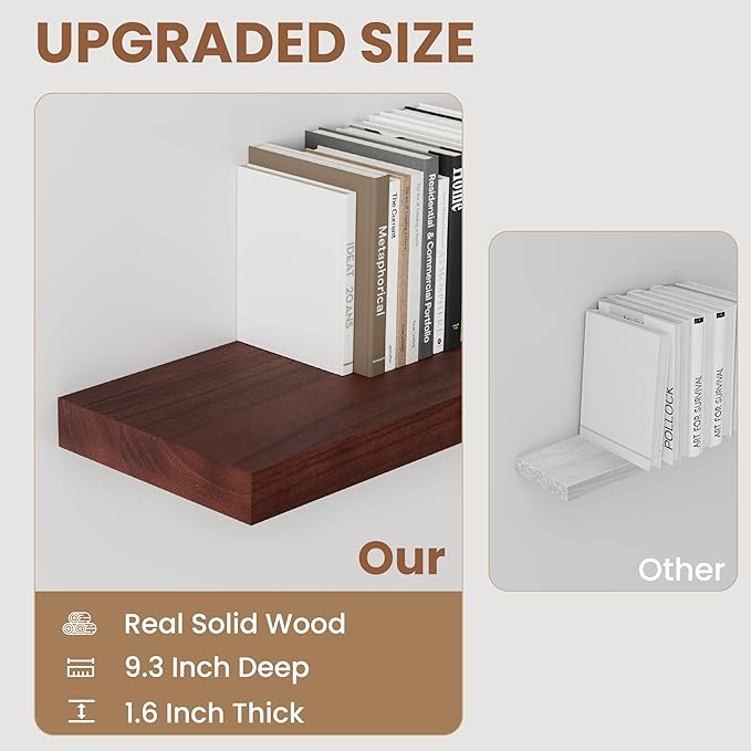 Floating Shelves, 9.3 Inch Deep Floating Shelves for Wall, Solid Wood Shelves 24 Inch Long, Deep Wall Shelves for Living Room, Bathroom, Kitchen, 24"W x 9.3"D x 1.6"H, Red Brown, Set of 2