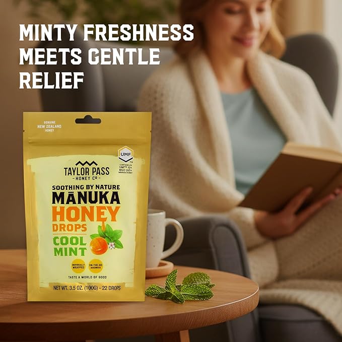 Taylor Pass Honey Co Mānuka Honey Drops UMF™ 10+ | Cool Mint | Mānuka Honey Lozenges | Soothing Natural Manuka On-the-Go | 22 Individually Wrapped Drops | Made in New Zealand