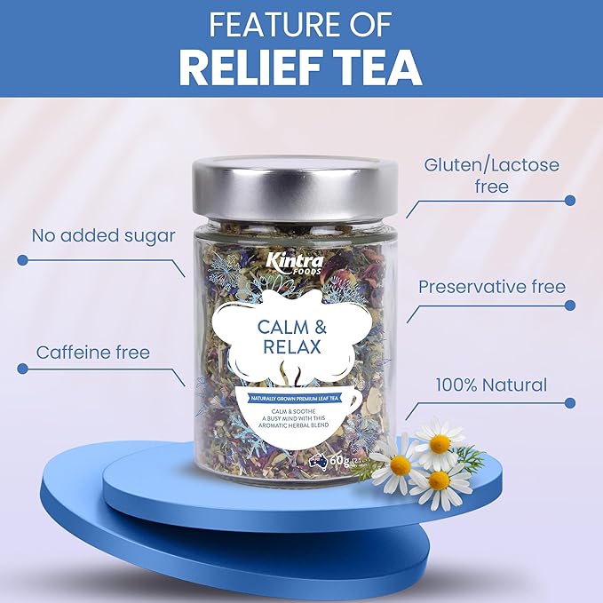 Kintra Foods Calm & Relax Loose Leaf | Herbal Blend With Chamomile, Lavender and Passionflower | Soothing Tea | Caffeine-Free Calming Tea | 60g Jar for Ultimate Relaxation