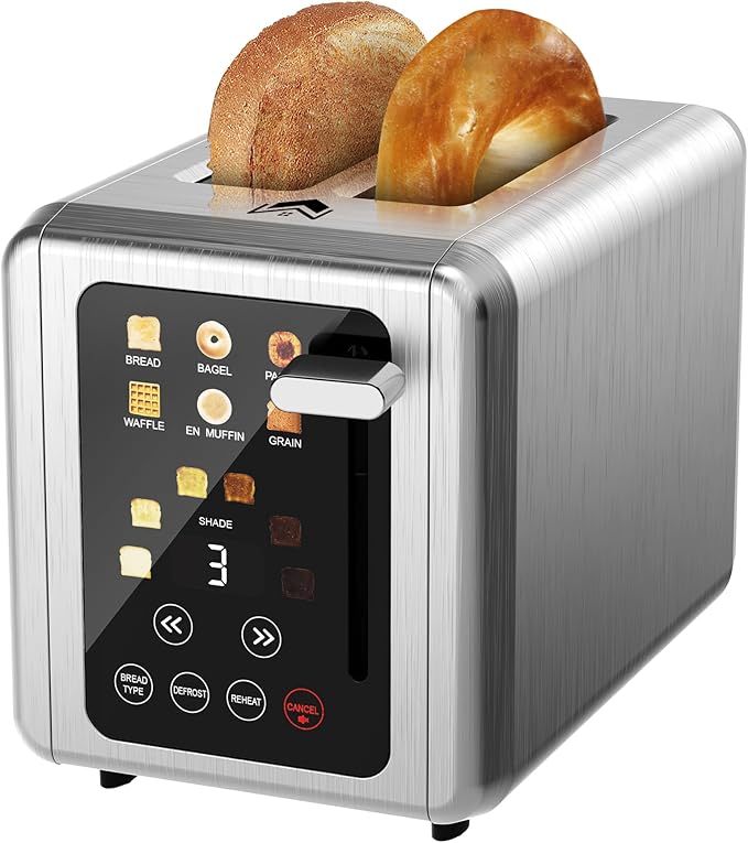 2 Slice Toaster,Touchscreen & Dual Independent Control Panel,5 Basic Functions & Digital Countdown Toasters,6 Shade Settings＆6 Bread Types,Smart Bread Maker Mute/Screen-Off,Platinum