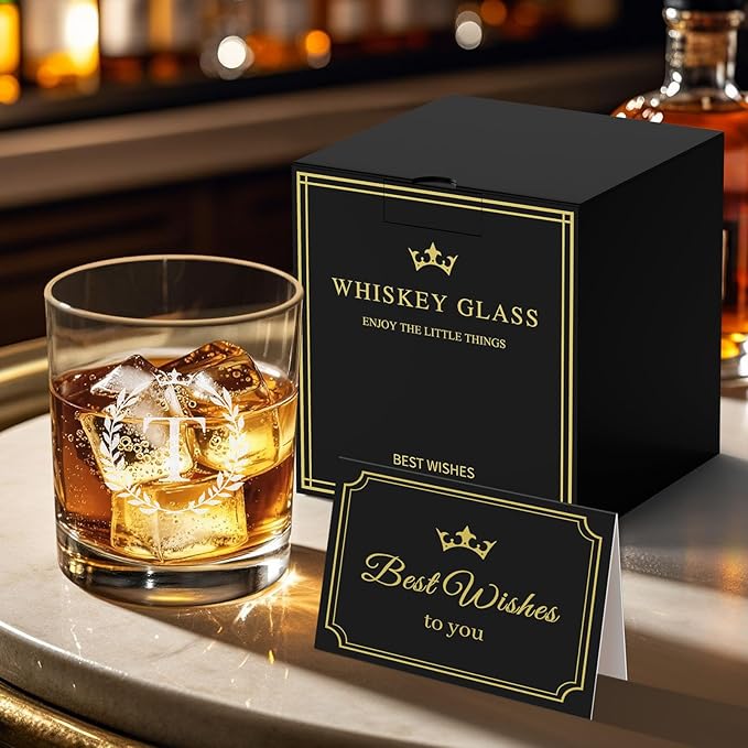 Personalized Whiskey Glasses Gifts for Men, Monogrammed Engraved A-Z 10.6 oz Rocks Glass Customized Gift, Unique Christmas Birthday Gifts for Men Him Dad Husband Brother Son (T)