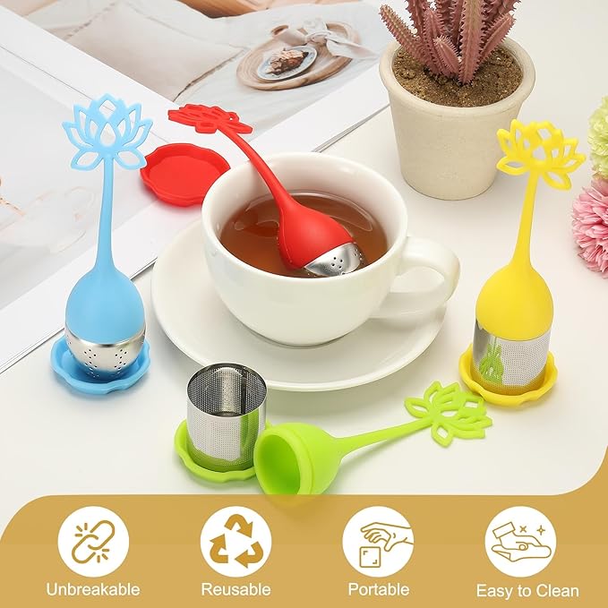 uxcell 2 Pcs Lotus Tea Infuser, Stainless Steel Loose Leaf Tea Steeper Filter with Silicone Handle Reusable Thin Pores Mesh Strainer Diffuser for Teacups Teapots Mugs, Green