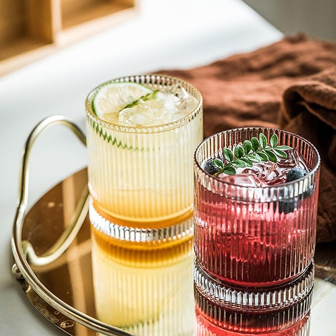Ribbed Glass Cups Set, 13oz Vintage Drinking Glassware Set, 4 Piece Premium Glassware, Elegant Mixed Glassware Set, Origami Style Cocktail Glasses, Great for Cocktail, Whisky & Beverages (4PCS)