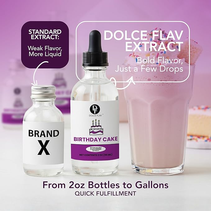 Dolce Flav Birthday Cake Extract – 2 Ounce Water-Soluble Kosher, Sugar-Free, Concentrated Festive Cake Flavoring for Frostings, Cupcakes & Desserts, Includes Measured Dropper
