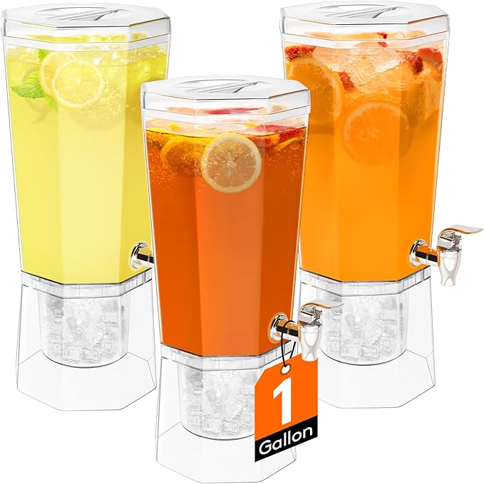 Lifewit 1 Gallon Plastic Drink Dispenser 3 Pcs (in 1 Package), Juice Containers with Lid for Party, Ice Beverage Dispenser with Stand for Lemonade/Soda/Tea, BPA Free