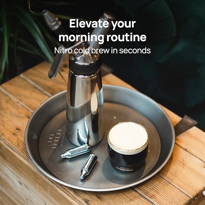 Original NitroPress - Nitro Cold Brew Coffee Maker | Portable Nitrogen Infuser for Smooth Nitro Drinks, Cold Brew, Cocktails & Tea at Home or On the Go | Uses N2 Cartridges | Stainless Steel Design