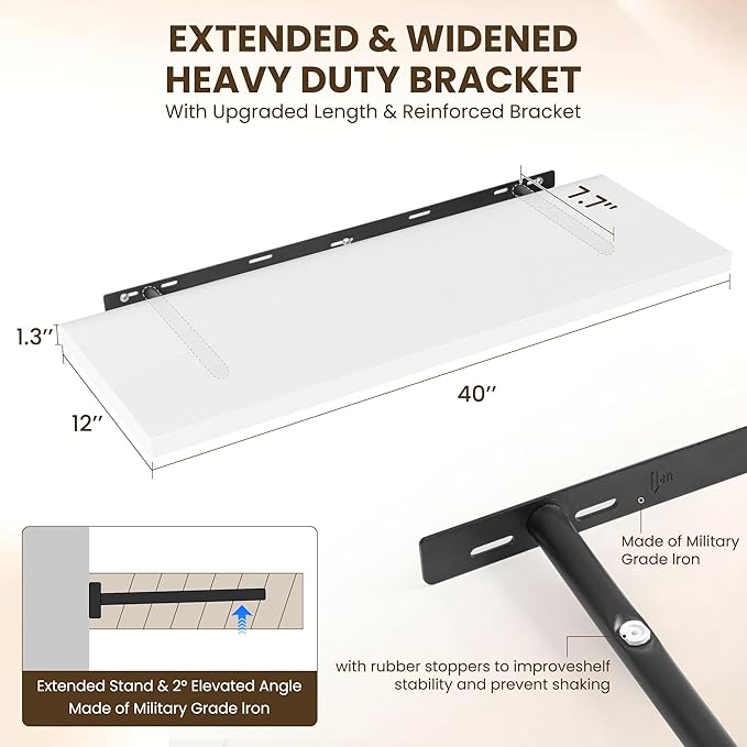 Dreamland 40" Floating Shelves for Wall, 12" Deep Slim White Floating Shelves, Wall-Mounted Shelves for Bedroom, Living Room, Kitchen, Bathroom - Set of 2
