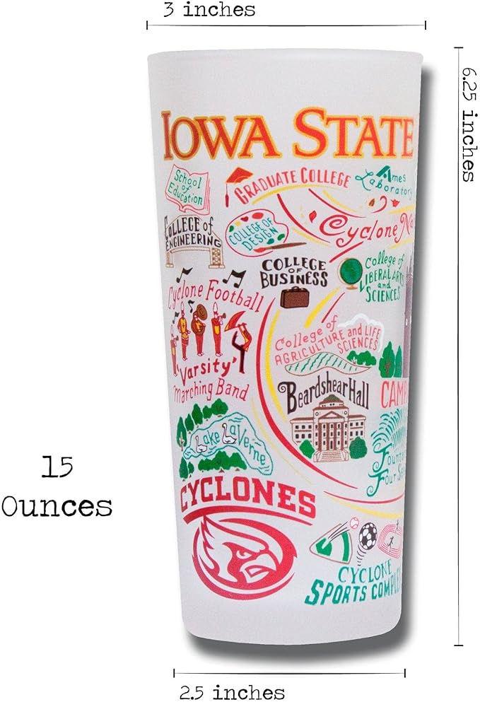 Catstudio Drinking Glass, Iowa State University Glass Cup for Kitchen, 15oz Dishwasher Safe Tumbler for ISU Alumni