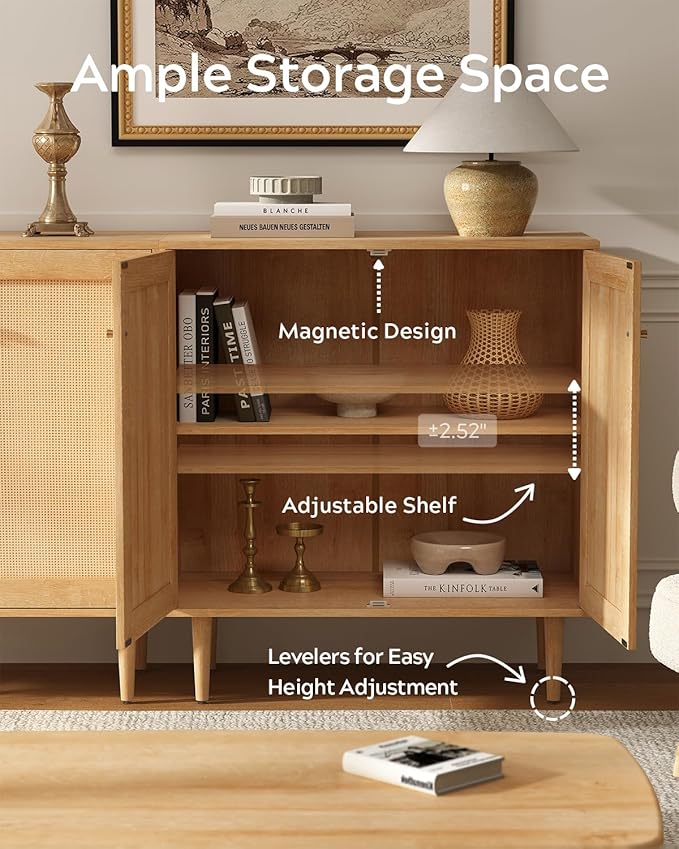 Accent Storage Cabinet Sideboard with Rattan Doors, Boho Buffet Kitchen Bar Cabinet Farmhouse Credenza Cabinets with Adjustable Shelves for Dining Room (Square Doors/Oak)